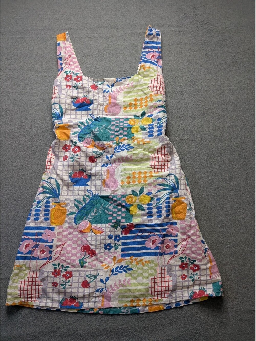 Japna Sundress Womens XS Multicolor Fruit Floral Square Neck Smocked Mini Summer